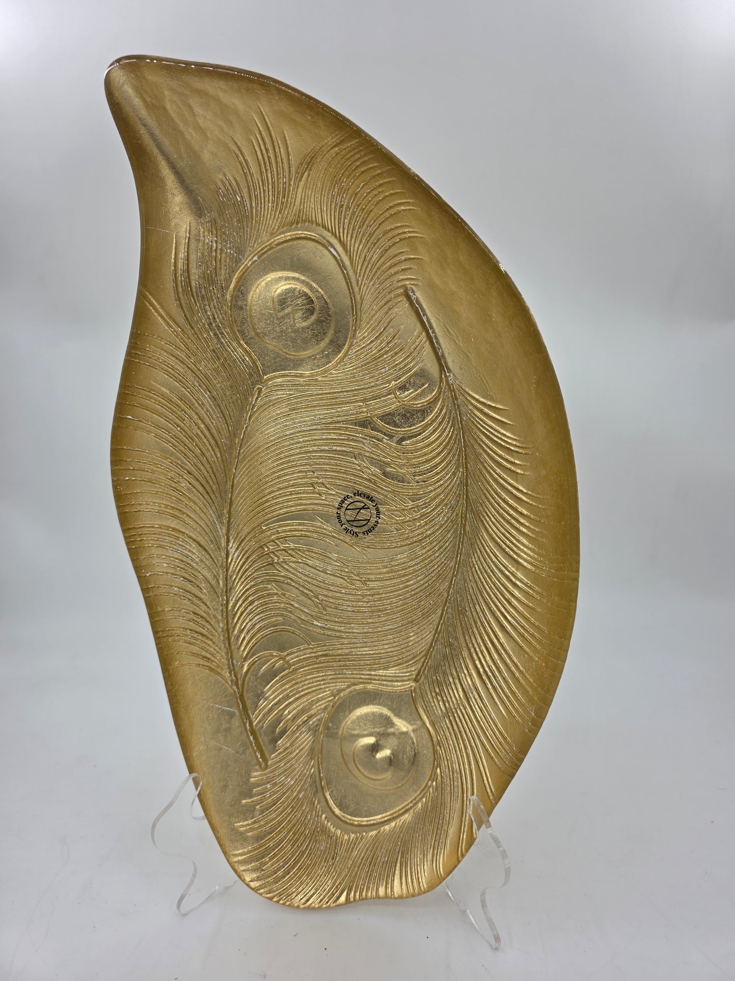 Gold Peacock Feather Glass Platter Large