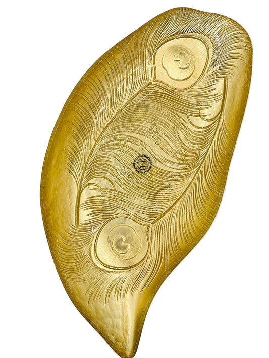 Gold Peacock Feather Glass Platter Large