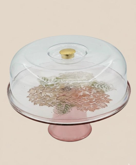 Pink Hydrangea Cake Stand with Plastic Dome