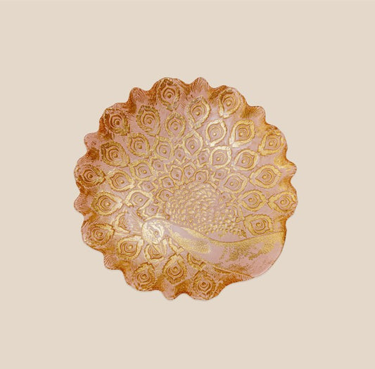 Rose Pink & Gold Peacock Glass Platter